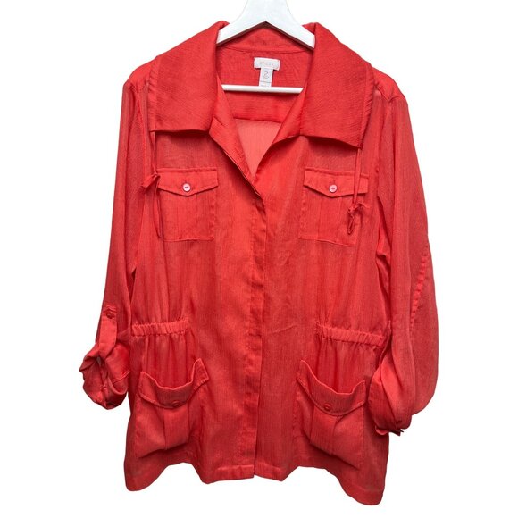 Chicos Sheer Utility Jacket Large Orange Lightweight Button Up - Picture 1 of 12